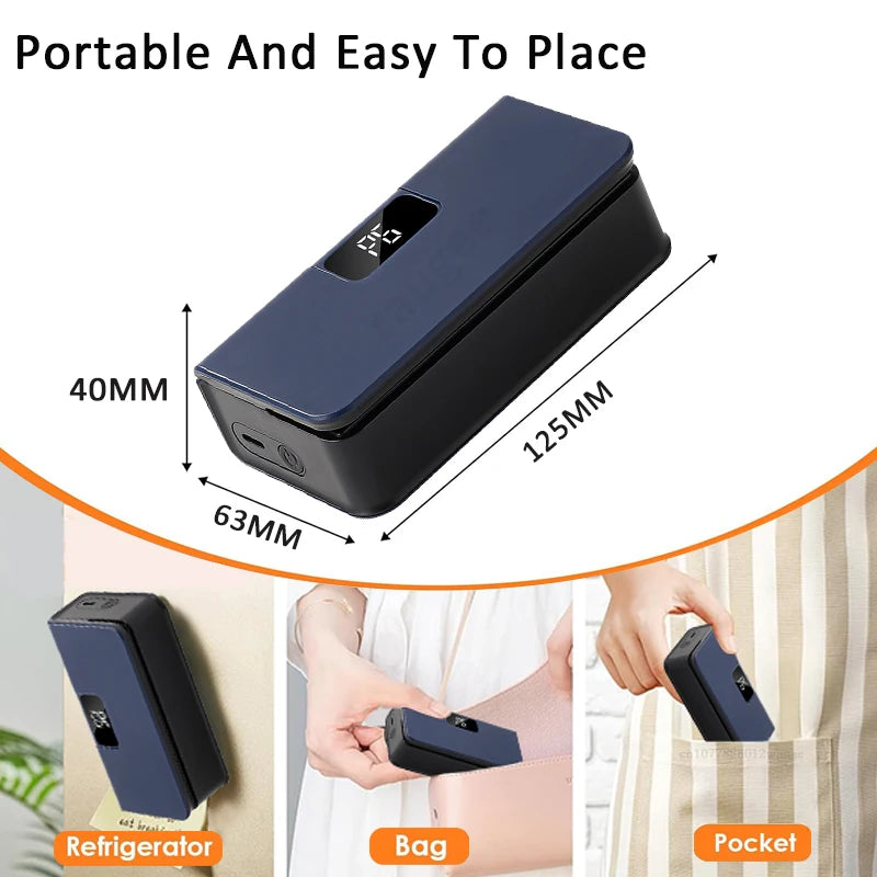 Mini bag sealer size 12.5 x 6.3 x 4 cm, fits on the fridge, in a bag or a pocket