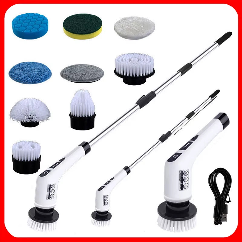 Spin scrubber with 9 brush heads, telescopic extension pole and USB-C cable