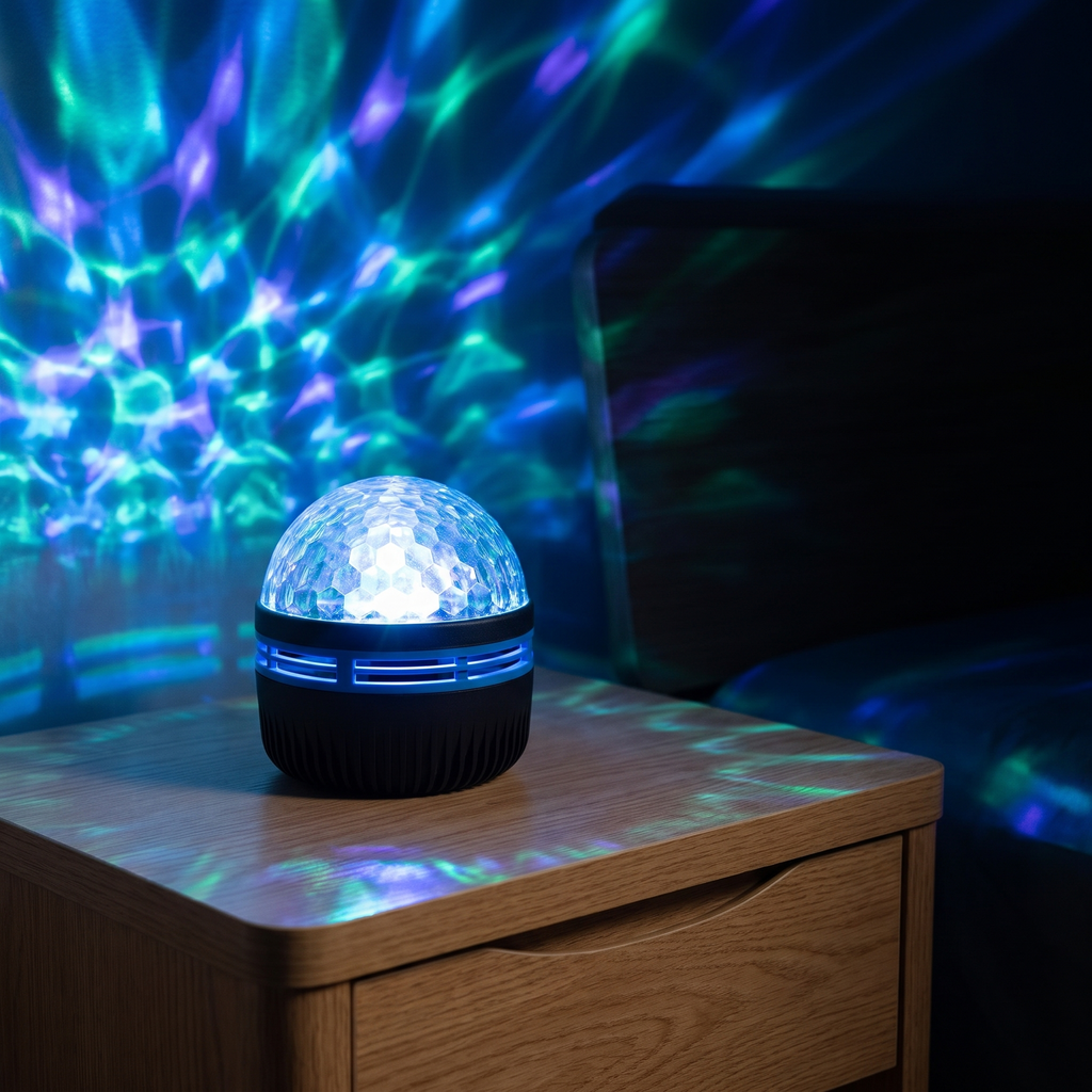 Norrsken aurora lamp glowing on a nightstand, projecting blue and green light across a dark wall