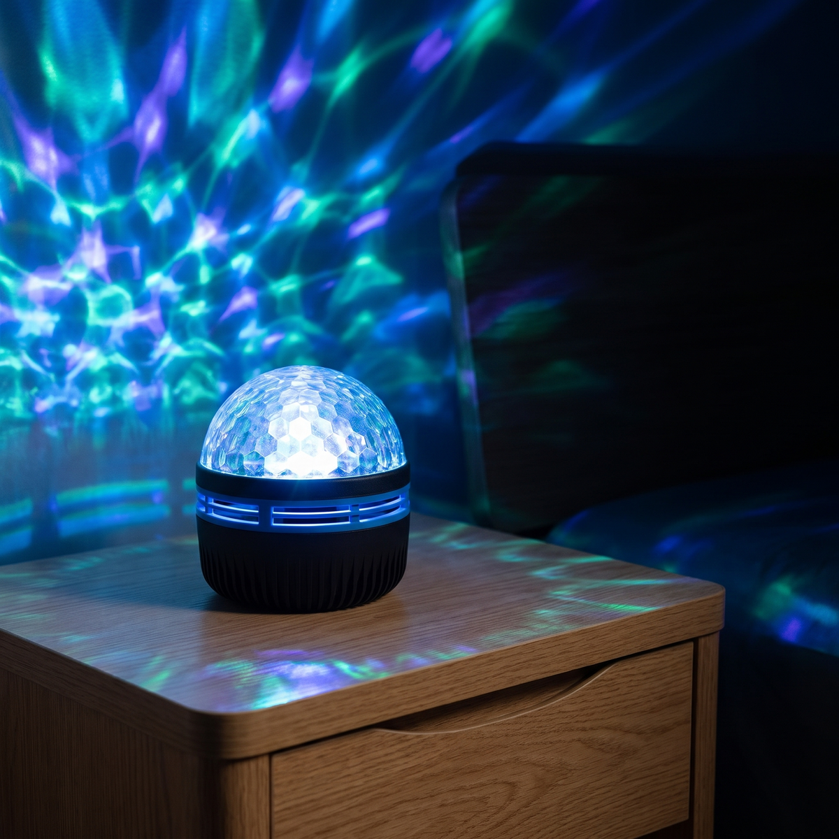 Norrsken aurora lamp glowing on a nightstand, projecting blue and green light across a dark wall
