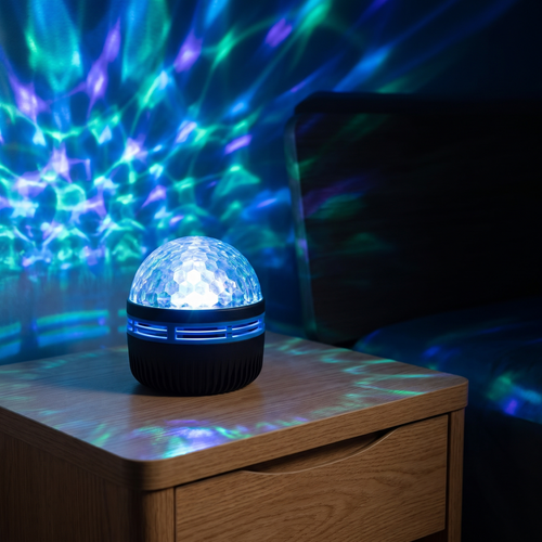 Norrsken aurora lamp glowing on a nightstand, projecting blue and green light across a dark wall