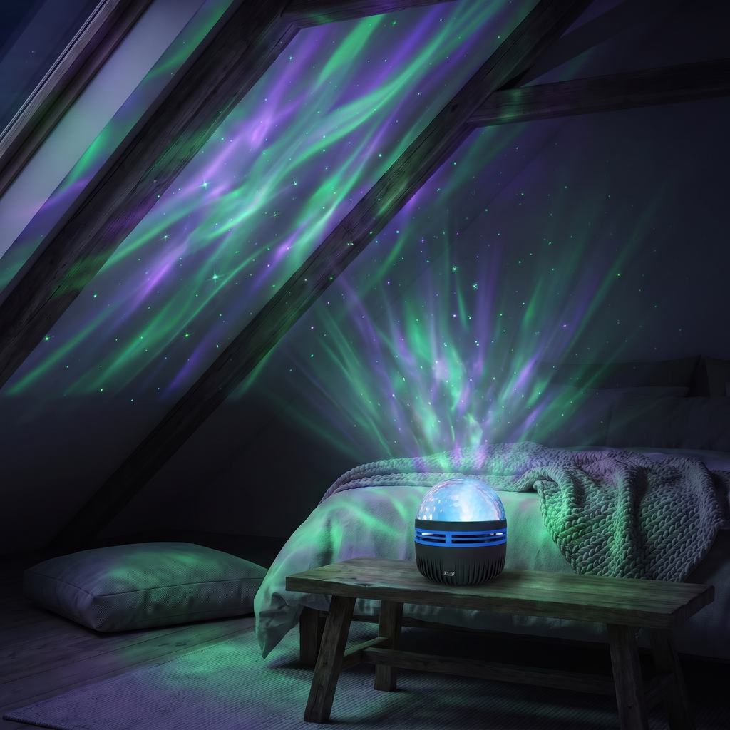 Norrsken lamp in Aurora & Stars mode, green and violet aurora with stars on an attic ceiling