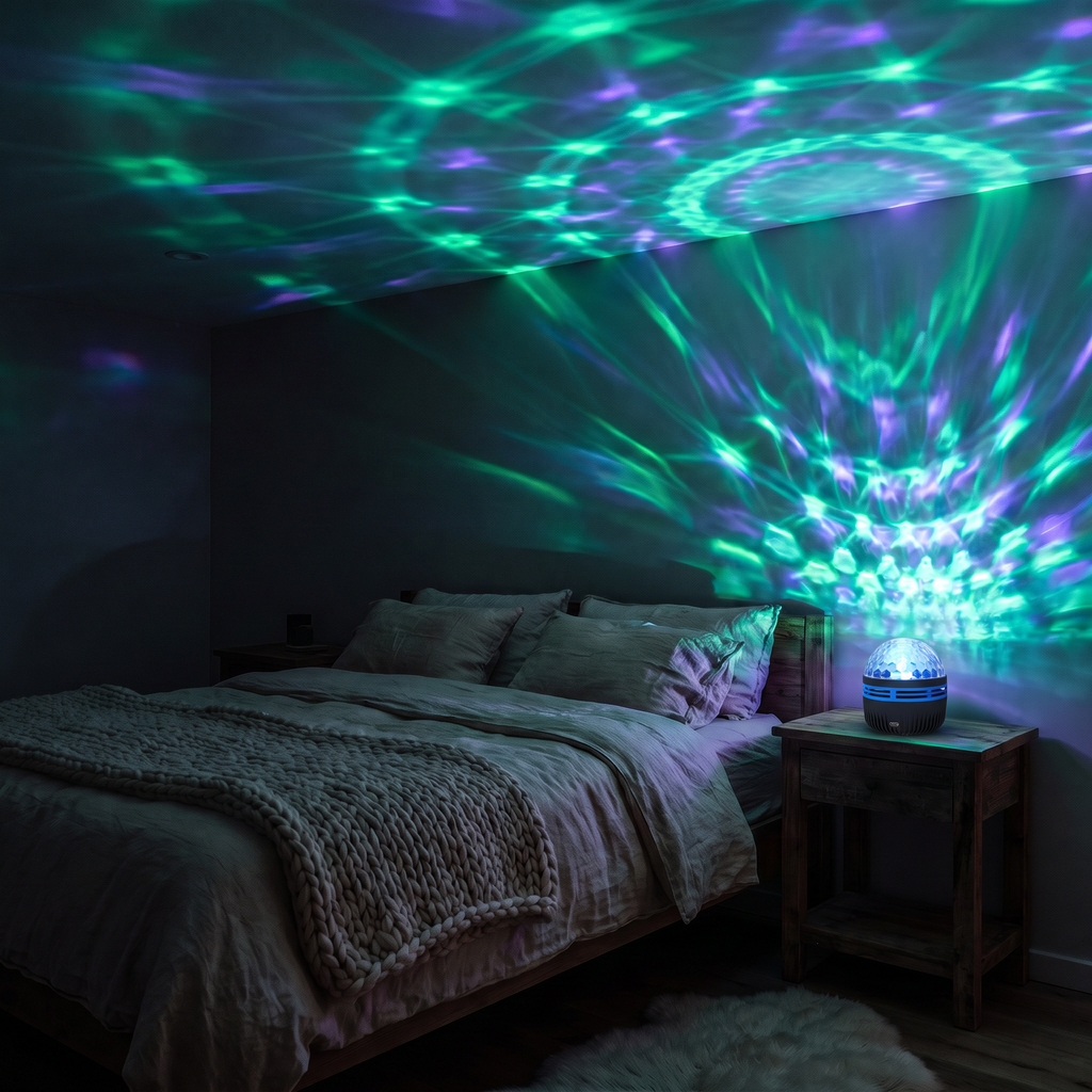 Dark bedroom with green and violet aurora light across the ceiling from the small Norrsken lamp on the nightstand