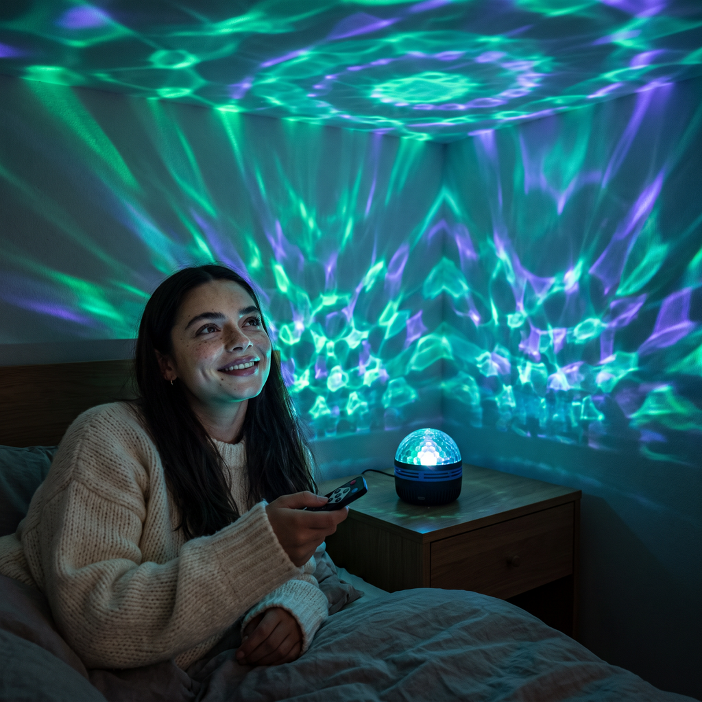 Woman relaxing in bed with the remote while the Norrsken lamp fills the dark room with coloured light