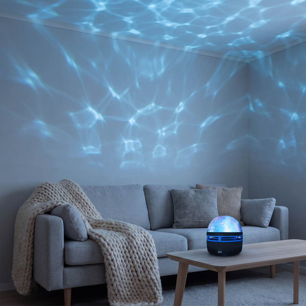 Norrsken lamp in Ocean Waves mode, blue water-ripple light across a living room ceiling