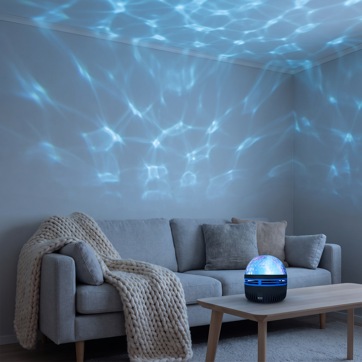 Norrsken lamp in Ocean Waves mode, blue water-ripple light across a living room ceiling