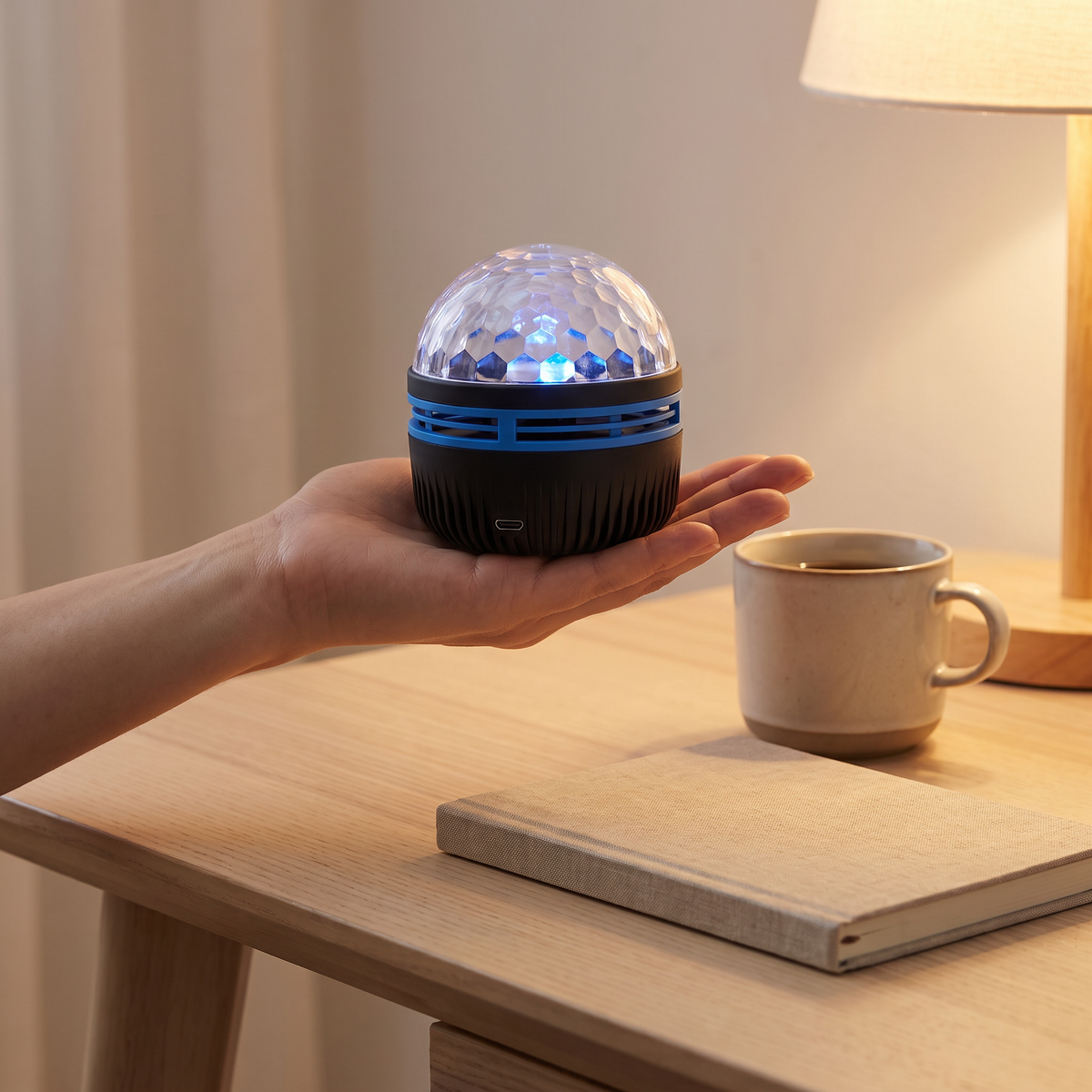 Norrsken lamp held in one hand to show its small 8 cm size