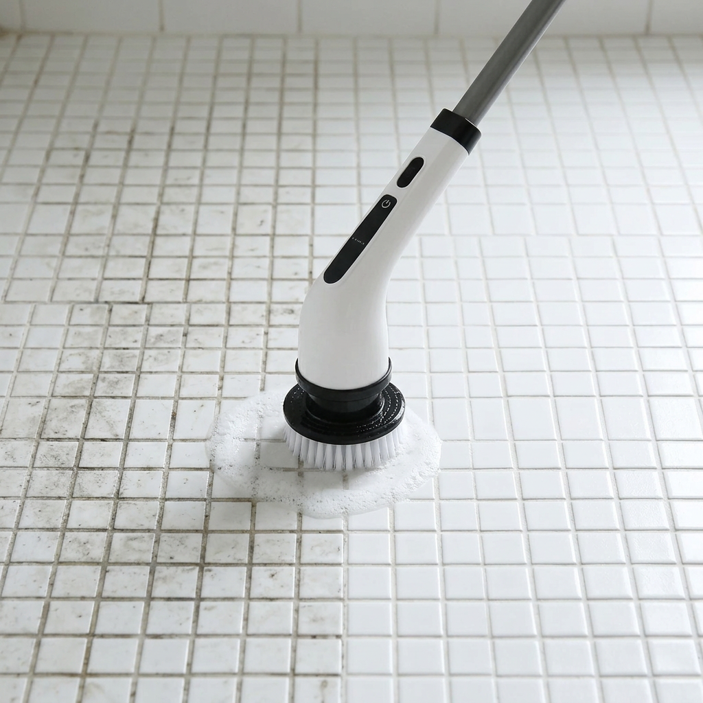 Spin scrubber cleaning tile grout in a shower