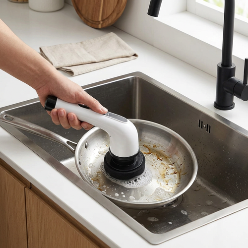 Spin scrubber with sponge head cleaning a frying pan in a Nordic kitchen