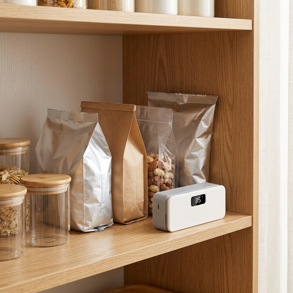 Pantry shelf with resealed bags and the mini bag sealer