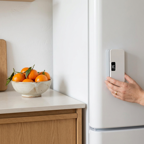 White mini bag sealer stuck to a fridge with its magnet