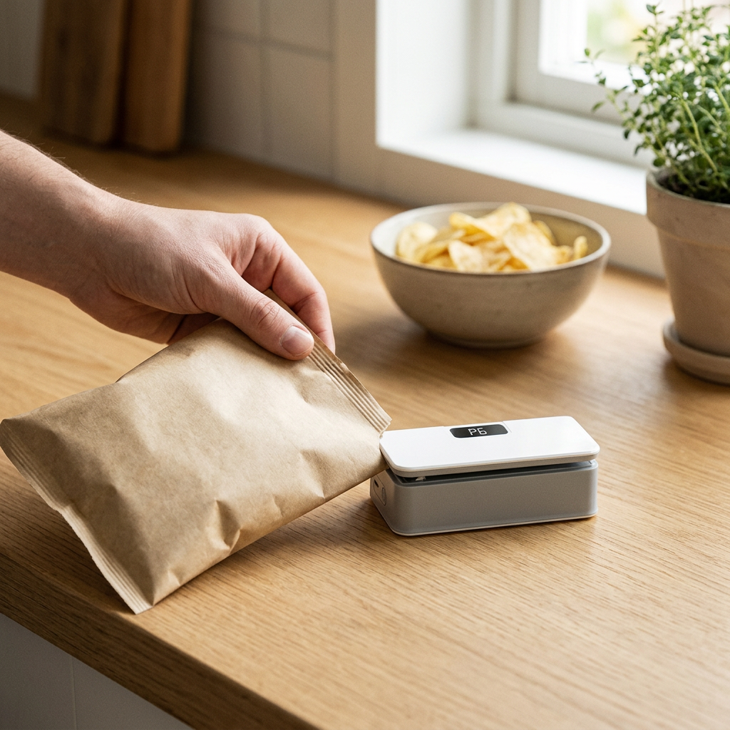 Sealing a snack bag with the mini bag sealer on an oak counter
