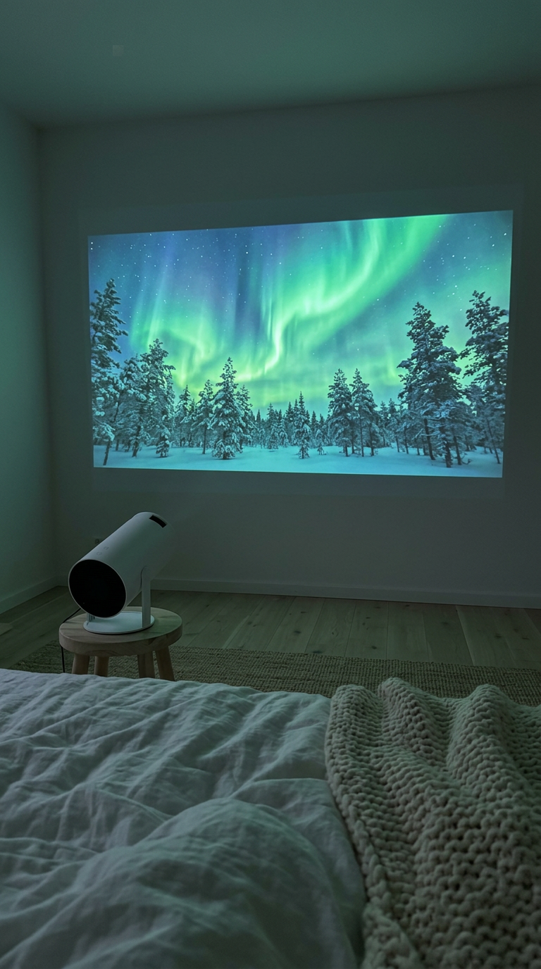 Mini projector showing northern lights on a bedroom wall