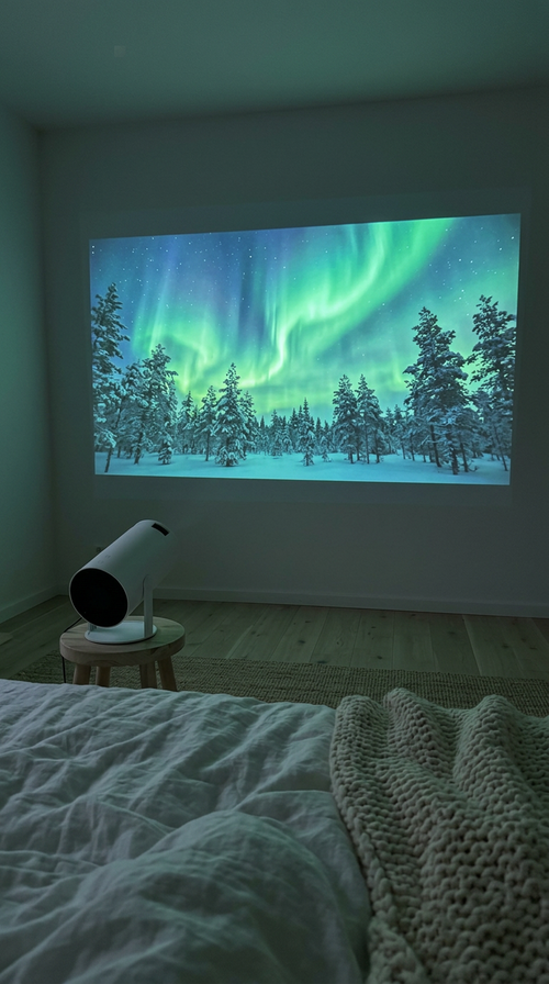 Mini projector showing northern lights on a bedroom wall