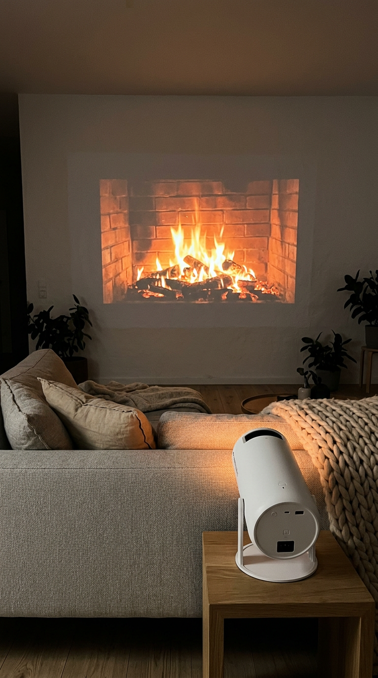 Mini projector showing a crackling fireplace on a living-room wall