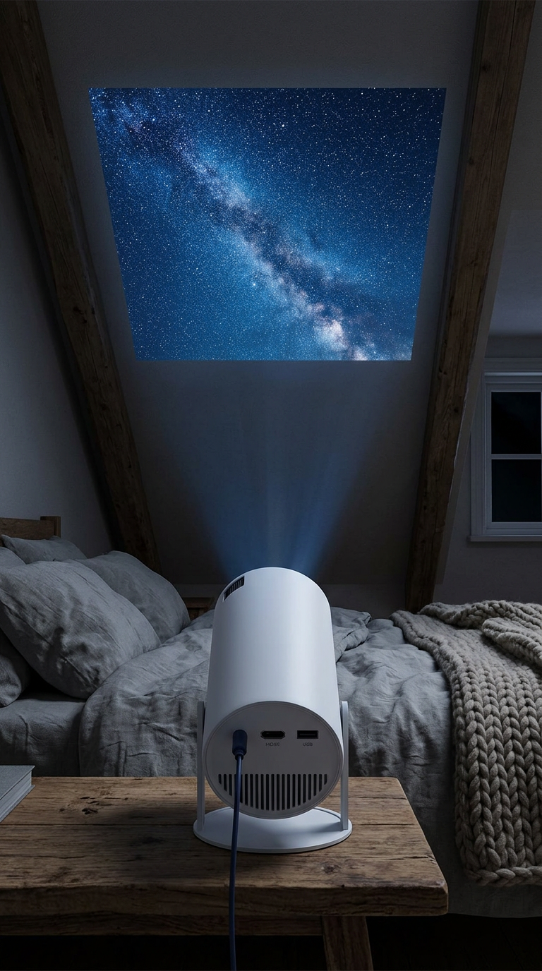 Mini projector pointed at the ceiling, showing a starry sky